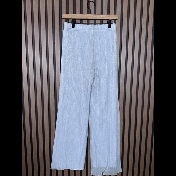 New Joie Pants XS Gray Metallic Pull On Sheer Flowy Stretch Straight Pleated - Picture 2 of 7